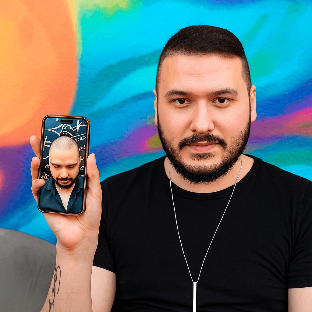 Man showing hair transplant result on his mobile